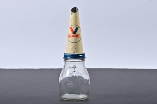 VALVOLINE: A one pint glass oil bottle with Valvoline 30 tin oil pourer