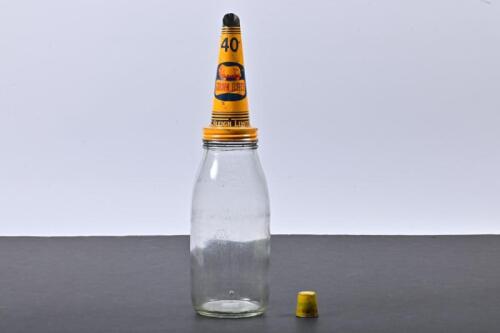 GOLDEN FLEECE: An early 1960s one quart glass oil bottle with NOS Golden Fleece 40 tin oil pourer with dust cap