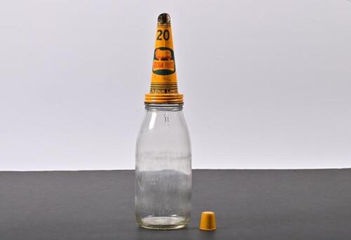 GOLDEN FLEECE: A 1960s one quart glass oil bottle with NOS Golden Fleece 20 tin oil pourer with dust cap