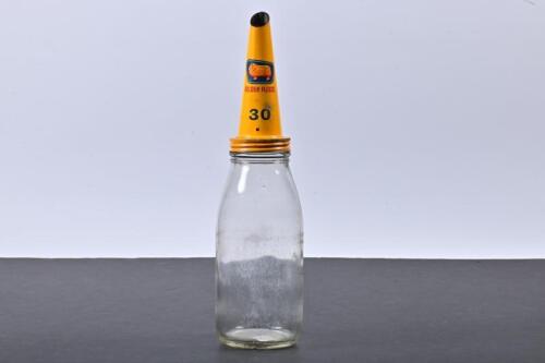 GOLDEN FLEECE: A 1960s one quart glass oil bottle with NOS Golden Fleece 30 tin oil pourer