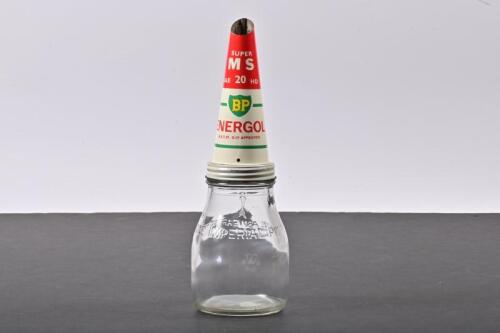 BP: A one pint glass oil bottle with NOS BP Energol SAE 20 HD tin oil pourer