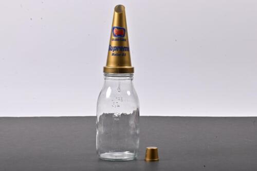 GOLDEN FLEECE: A one litre oil bottle with NOS plastic Golden Fleece Supreme Motor Oil pourer