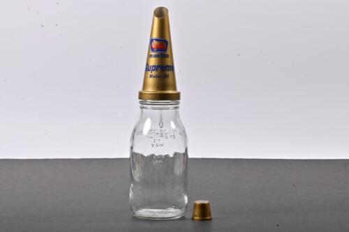 GOLDEN FLEECE: A one litre oil bottle with NOS plastic Golden Fleece Supreme Motor Oil pourer