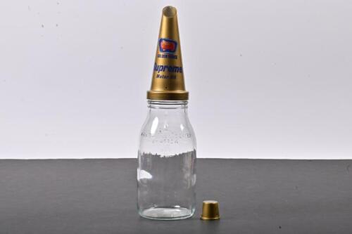 GOLDEN FLEECE: A one litre oil bottle with NOS plastic Golden Fleece Supreme Motor Oil pourer