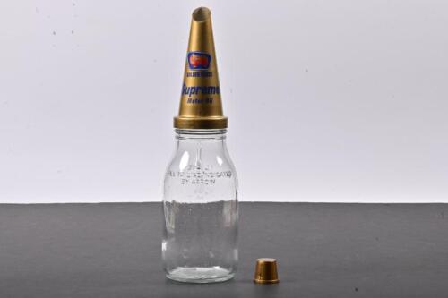 GOLDEN FLEECE: A one litre oil bottle with NOS plastic Golden Fleece Supreme Motor Oil pourer