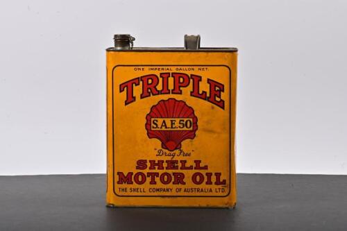 SHELL: A late 1930s one gallon Triple S.A.E. 50 "Drag Free" Shell motor oil tin