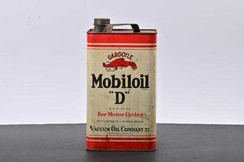 MOBILOIL: A circa 1930s one gallon Gargoyle SAE 50 Mobiloil "D" motor oil tin, marked to lower middle "J Marsh & Son, Melb"