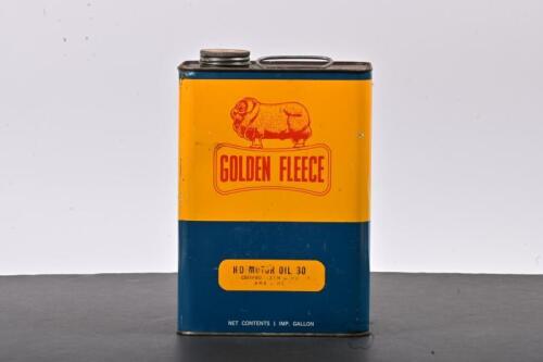 GOLDEN FLEECE: A one gallon HD Motor Oil 30 one motor oil tin, marked to side "HC Sleigh"