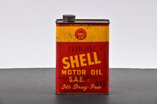 SHELL: A circa 1950s one imperial quart Shell Double SAE 40 drag free oil tin, with contents