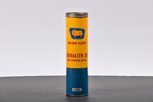 GOLDEN FLEECE: A four hundred and fifty gram Golden Fleece Duralith 2A Multipurpose Grease gun cartridge, marked to back "Golden Fleece Petroleum"