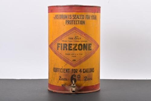 FIREZONE: A late 1930s four gallon Firezone Upper Cylinder Lubricant oil drum with brass tap and later handle