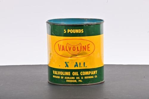 VALVOLINE: A five pound Valvoline Oil Company X All oil tin, marked lower centre and lower back "Valvoline Oil Company, Division of Ashland oil & Refining Co. Freedom Pa"