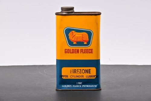 GOLDEN FLEECE: A one pint Golden Fleece Firezone Upper Cylinder Lubricant oil tin, marked to front "Golden Fleece Petroleum"
