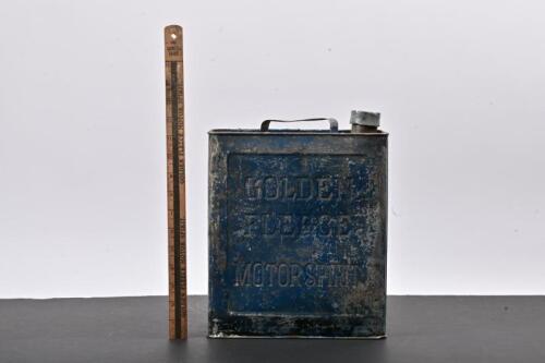 GOLDEN FLEECE: A two gallon Golden Fleece impressed running board can label SEA 30 motor oil and a wooden Golden Fleece gasoline gauge
