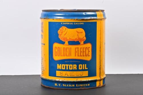 GOLDEN FLEECE: A late 1950s four gallon Golden Fleece SAE 30 oil tin, marked lower front "HC Sleigh Limited"