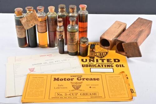 OIL SAMPLE BOTTLES:&nbsp;&nbsp;A collection of circa 1930s&nbsp;sample bottles of motor and industrial lubricating oils, ephemera and a small collectable Tincture Metaphen bottle