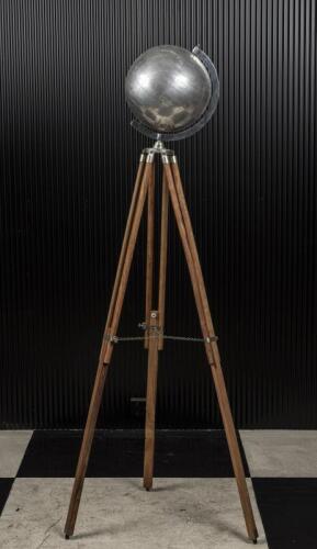 GLOBE: A reproduction Art Deco style cast aluminium globe on tripod stand, 205cm high