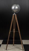 GLOBE: A reproduction Art Deco style cast aluminium globe on tripod stand, 205cm high