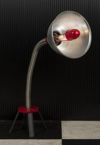 FLOOR LAMP: A unusual vintage flexible floor lamp, large aluminium shade with flexible pipe on heavy cast iron stand, 152cm high
