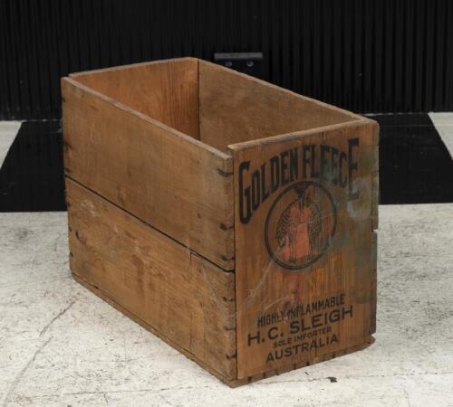 GOLDEN FLEECE: An early 20th century Golden Fleece oil tin timber packing crate