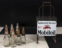 MOBILOIL: A nice early double sided Mobil Oil 'Gargoyle' 6-bottle garage rack set with bottles and pourers - 3