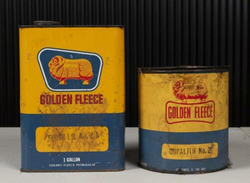 GOLDEN FLEECE: Two vintage Golden Fleece oil and grease tins, the largest one gallon