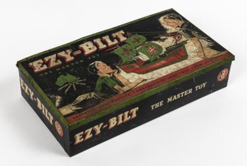 EZY-BILT: A collection of Ezy-Bilt technical construction tin toy parts in an Ezy-Built set 8 tin case, with an instruction booklet for models 1, 2, 3, 4 & 5 and another instruction booklet in poor condition