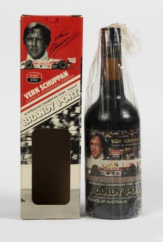VERN SCHUPPAN: A bottle of Liebich vintage brandy port commemorating Vern Schuppan Australian International Champion