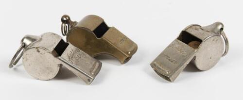 WHISTLES: Three vintage whistles, "Aussie Thriller", "Aussie Thunderer" and brass "Military"