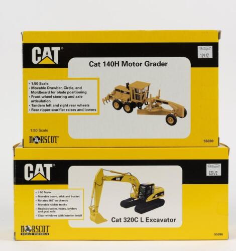 CATERPILLAR: Two 1:50 scale Norscot diecast models, CAT 140H motor grader and CAT 320L excavator, NIB