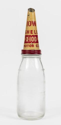 SHELL: A one quart glass bottle with Shell 10W X-100 Motor Oil tin pourer, the pourer marked to side "Containers Ltd V", the bottle with bottle rash
