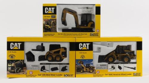 CATERPILLAR: Three 1:50 scale Norscot diecast models, CAT 302.5 mini-hydraulic excavator with work tools, CAT 924G cersalink wheel loader and CAT 226 skid steer loader, NIB