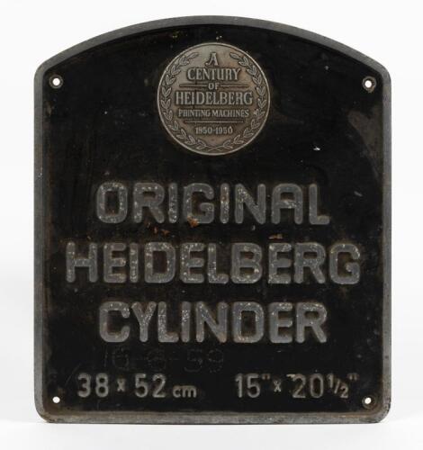 HEIDELBERG CYLINDER: A late 1950s Heidelberg Cylinder Letterpress printing press cast aluminium door, 36.5 x 32cm