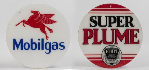 MOBILGAS/SUPER PLUME: Two reproduction perspex signs, 38cm diameter