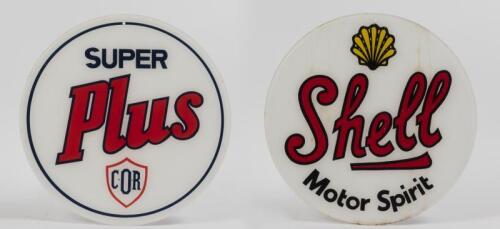 SHELL/COR: Two reproduction perspex signs, 38cm diameter