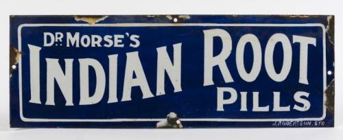 DR MORSE: An original Dr. Morse's Indian Root Pills enamel advertising sign, marked lower right: J. ROBERTSON, SYD 18 x 51cm