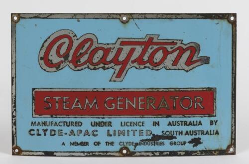 CLAYTON: A vintage enamel makers plate "Clayton Steam Generator", 14 x 22cm