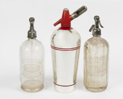 SODA SYPHONS: Two vintage Boon Spa soda syphons together with a retro soda syphon, the tallest 37cm high