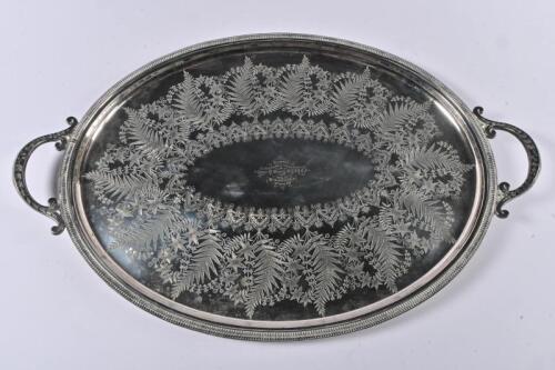 VICTORIA YACHT CLUB: A large circa 1882 Victoria silver plate two handled trophy tray, 66cm wide