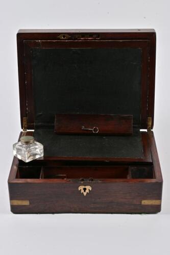 WRITING SLOPE: A Victorian mahogany writing slope with ink bottle a key, 11cm high, 30cm wide, 22cm deep