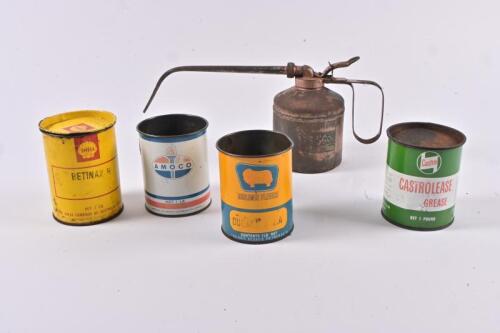 GREASE: A collection of grease tins and a grease gun, including Golden Fleece,Shell and Castrol
