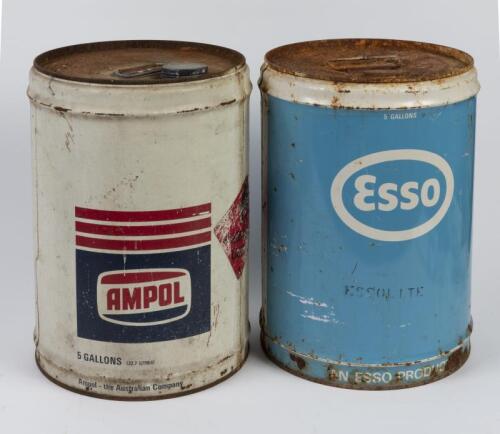 ESSO/AMPOL: Two five-gallon oil drums, one Esso and one Ampol