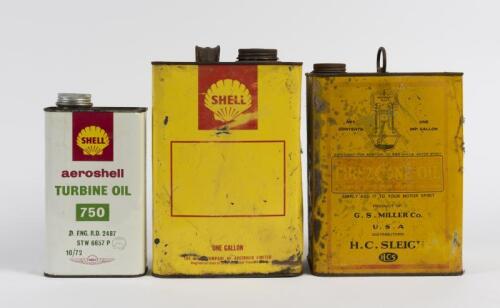 FIREZONE/SHELL: Three mixed vintage oil tins, the largest one gallon