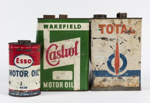 OIL TINS: Three mixed vintage oil tins, the largest one gallon