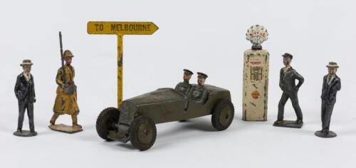 DIORAMA FIGURES: A collection of early 20th century lead figures including a Shell bowser and signpost to Melbourne, the signpost 7.5cm high