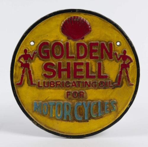 SHELL: A cast metal reproduction 'Golden Shell for Motorcycles' circular sign, 23.5cm diameter