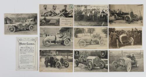 VETERAN: Ten extremely rare pre 1914 French 'Carte Postale' postcards featuring early French Racing Cars, including the 'Grand Prix de l'A.C.F 1907', plus Motor Licence postcard
