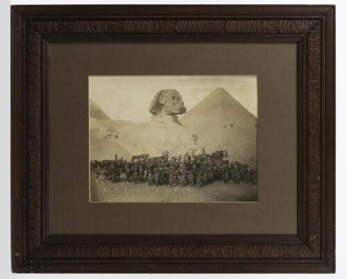 ANZAC: A rare large circa 1915 photograph of the Light Horseman in front of the Sphinx, Cairo Egypt, in period frame, visible image 23cm high, 30cm wide, 48cm high. 58cm overall, similar image held in State Library SA. (Extra Images Added)