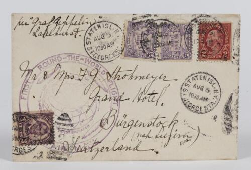 GRAF ZEPPELIN AIRSHIP: A rare original 'first round the world flight' commemorative envelope with U.S. postage stamps addressed from New York to grand hotel Burgenstock Switzerland, post mark stamp &ldquo;STATEN ISL. N.Y. , ST GEORGE STA , AUG 6 10:30 AM&rdquo; and s