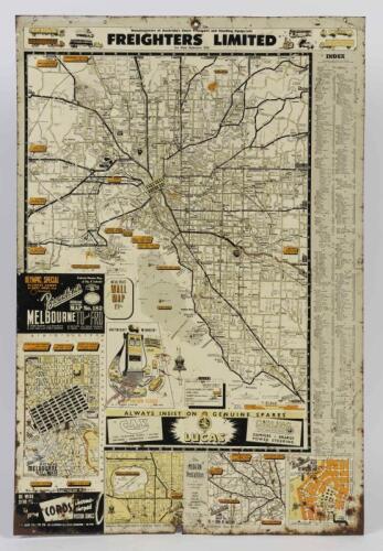 MELBOURNE: A nice circa 1956 Broadbents map no.182 of Melbourne printed on tin for the Olympic Games, 76 x 51cm